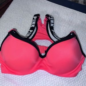 Victoria’s Secret Pink XS sports bra, orange, pink, and black